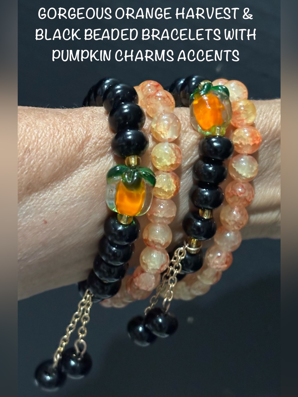 Gorgeous Harvest Pumpkin Charm Beaded Bracelet Set — Orange & Black 4pc Set